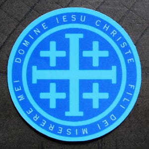 Jerusalem Cross, Latin Jesus Prayer | Christian Laminated Vinyl Sticker/Decal
