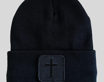 帽子 00's cross design beanie archive y2k Vintage Brand New Y2K White & Black Crucifix Graphic Beanie Hat