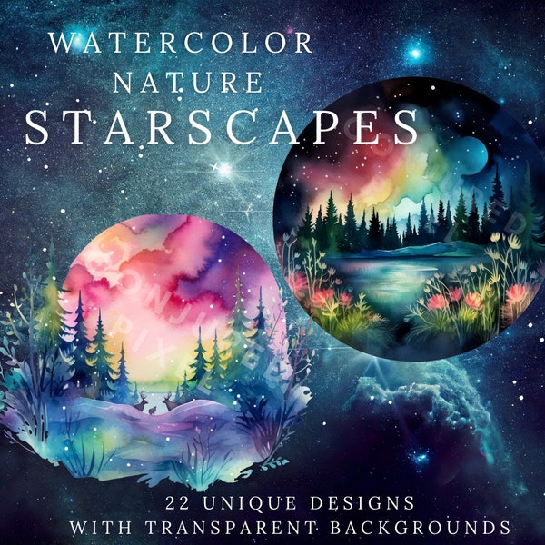 Watercolor night sky PNG clipart bundle forest nature lover colorful starry landscape wall art northern lights decor outdoors enthusiast