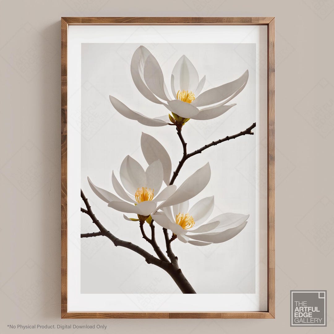 White Magnolia Floral Digital Art Print Minimalist Botanical Wall Art ...