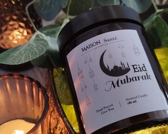 Eid Mubarak 2024 Vanilla hand-poured scented candles. Made in Essex UK, Coconut Wax, Vegan Friendly. Natural ingredients