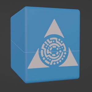May include: A blue cube with a white triangle design. The triangle contains a circular pattern of lines and dots.