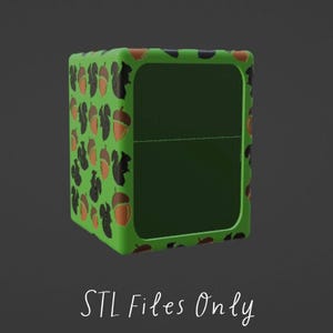 Könnte beinhalten: Eine grüne 3D-gedruckte Box mit einer transparenten Frontplatte. Die Box ist mit einem Muster aus schwarzen Eichhörnchen und braunen Eicheln verziert. Der Text "STL Files Only" ist unter der Box gedruckt.