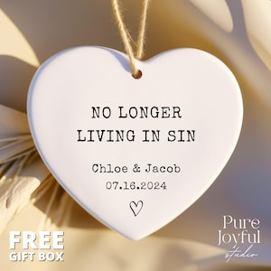 No Longer Living In Sin Ornament, Funny Anniversary Gift, Custom Wedding Gift, Personalized Wedding Gift For Husband, Wedding Date Gift