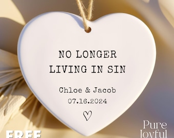 No Longer Living In Sin Ornament, Funny Anniversary Gift, Custom Wedding Gift, Personalized Wedding Gift For Husband, Wedding Date Gift
