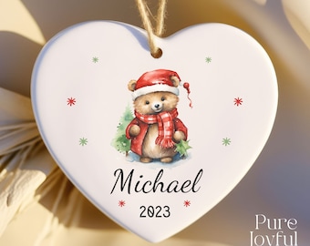 Baby Name Ornament, Bear Theme Keepsake - Porcelain Ceramic | 3in X 2.75in, Personalized First Christmas
