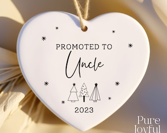 Promoted To, Personalized Uncle Ornament | Porcelain Ceramic | 3in x 2.75in, Pregnancy Announcement Reveal, Christmas Keepsake