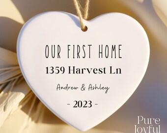 Our First Home, Personalized Keepsake Ornament | Porcelain Ceramic | 3in x 2.75in, Ribbon Included, Housewarming Gift