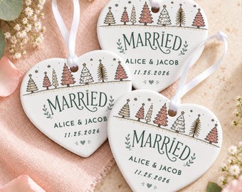 Personalized Married Christmas Ornament, Custom Ceramic Wedding Keepsake with Names and Date, Newlywed Couple Gift, First Christmas