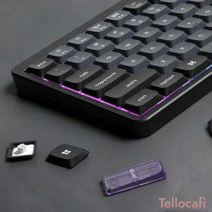 Könnte beinhalten: Eine schwarze mechanische Tastatur mit violett beleuchteten Tasten und weißer Beschriftung. Die Tastatur verfügt über Standardtasten wie esc, tab, caps lock, shift und option. Zwei lose schwarze Tastenkappen und eine durchsichtige violette Enter-Taste.