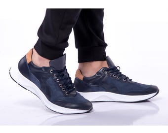 Handmade Men's Navy Leather Sneakers: Casual Athletic Trainers