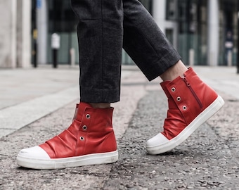 Red Leather Sneaker Boots for Women, Handmade High Top Sneakers, Red Leather Ankle Boots, Artisan Casual Shoes