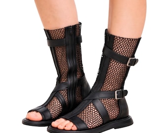 Black Mesh Gladiator Sandals, Handmade Unisex Leather Summer Boots EU 36–47