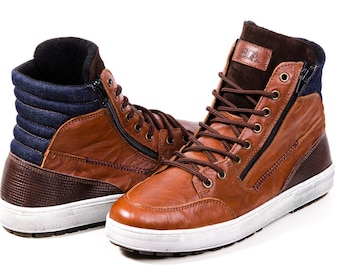 Leather sneakers, Men high top sneakers, Double zipper sport shoes