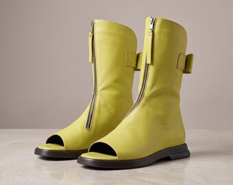 Avant Garde Open Toe Boots VIRA | Lime Green Leather Boot Sandals | Front Zip Summer Boots | Handmade Designer Shoes | Custom Fit
