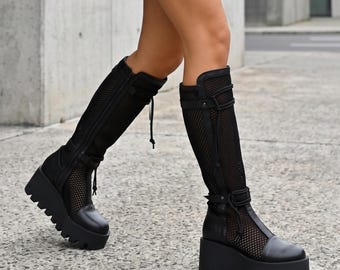 Black Mesh Knee High Boots, Leather Wedge Platform Boots, Handmade Gothic Statement Footwear