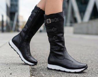 Handmade Women's Knee-High Boots – Genuine Leather, Black, with Buckles and Sport Sole