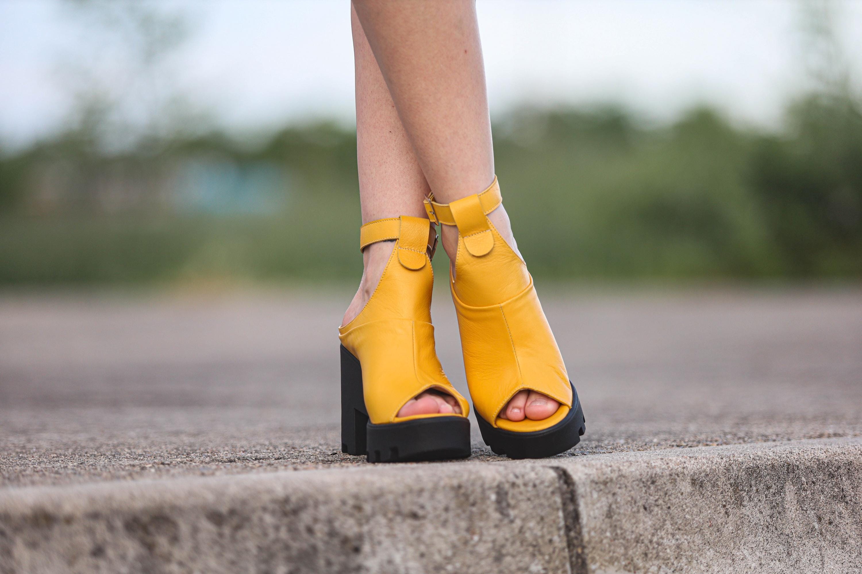 Handmade Yellow Leather Wedge Sandals: Chunky Platform Ankle Strap