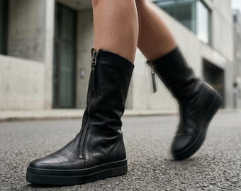 Black Leather Mid Calf Boots, Front Zipper Shoes Women, Minimalist Handmade, Designer Footwear