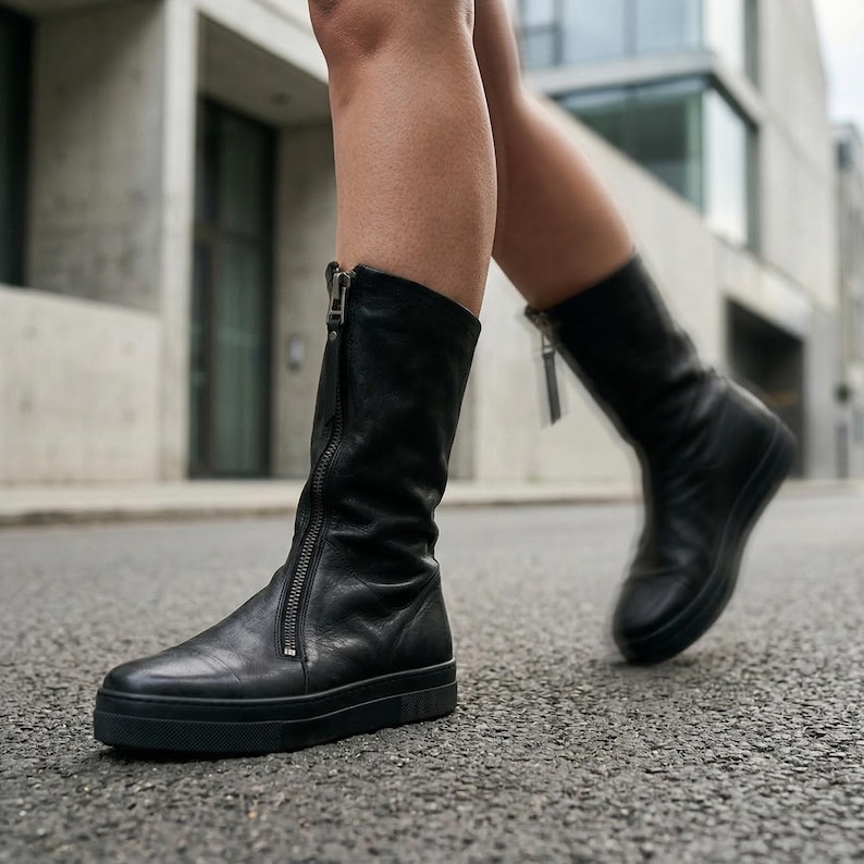 Zwart leren halfhoge laarzen, schoenen met rits aan de voorkant dames, minimalistisch handgemaakt, designerschoenen afbeelding 1