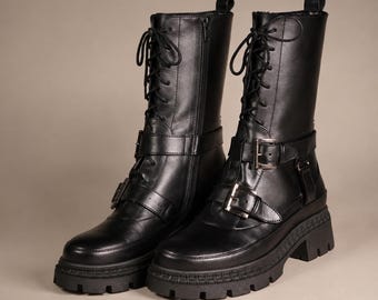 Black Leather Mid-Calf Combat Boots with Buckle Straps and Chunky Sole