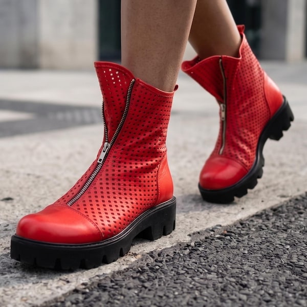 Red Perforated Leather Ankle Boots, Front Zip Avant Garde Footwear
