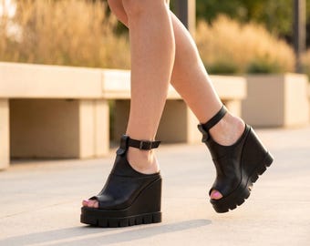 Handmade Black Leather Wedge Sandals: Boho Platform Peep Toe Shoes