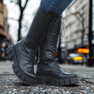 Handmade Black Leather Knee High Combat Boots - Chunky Platform