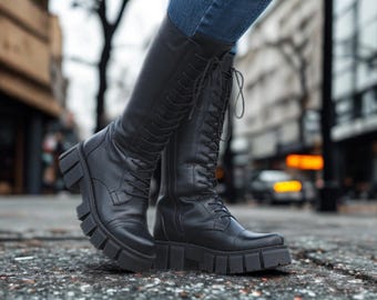 Handmade Black Leather Knee High Combat Boots - Chunky Platform