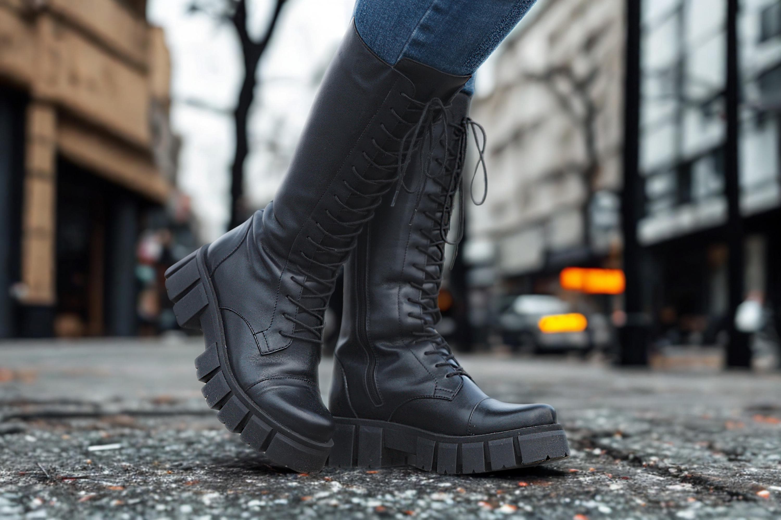 Handmade Black Leather Knee High Combat Boots Chunky Platform