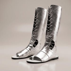 Handmade White Leather Gladiator Boots: Knee High Lace Up Boho Sandals