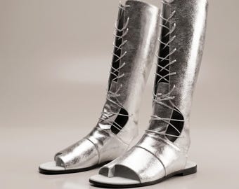 Handmade White Leather Gladiator Boots: Knee High Lace Up Boho Sandals