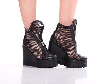 Handmade Black Mesh Wedge Ankle Boots | Leather Platform Booties