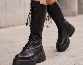 Black Leather Knee-High Platform Boots, Lace-Up with Side Zip