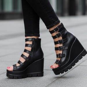 Black Platform Gladiator Sandals, Chunky Wedge Leather Shoes, Avant Garde Festival Sandals, Designer Footwear image 4
