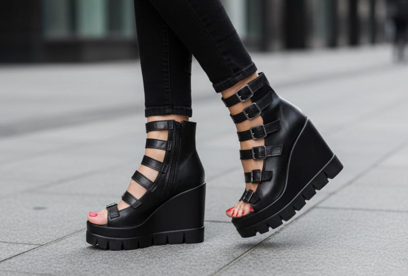 Black Platform Gladiator Sandals, Chunky Wedge Leather Shoes, Avant Garde Festival Sandals, Designer Footwear image 4