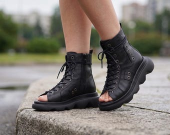 Black Leather Open Toe Gladiator Boots – Platform Ankle Sandals, Custom Fit