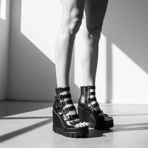 May include: Black wedge sandals with multiple straps and buckles. The platform sandals have a chunky sole and a zip at the back. The image is in monochrome, with the sandals as the focal point.
