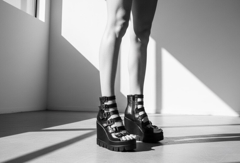 May include: Black wedge sandals with multiple straps and buckles. The platform sandals have a chunky sole and a zip at the back. The image is in monochrome, with the sandals as the focal point.