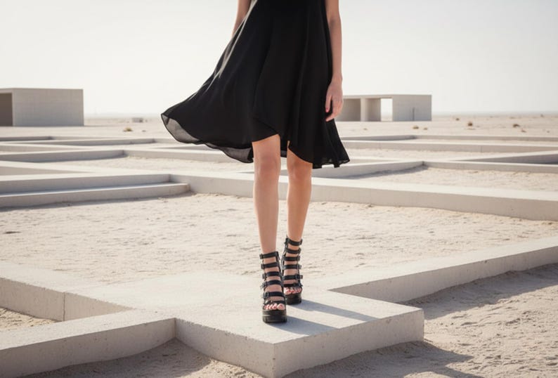 Black Platform Gladiator Sandals, Chunky Wedge Leather Shoes, Avant Garde Festival Sandals, Designer Footwear image 8