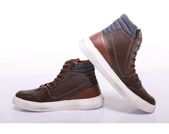 Handmade Brown Leather High Top Sneakers: Men's Denim Detail Zip-Up Boots