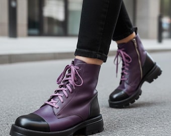 Violet Combat Style Zip Boots with Chunky Sole | Handmade up to EU 45