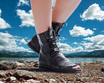 Handmade Black Leather Gladiator Boots: Open Toe Boho Festival Booties