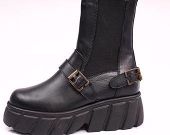 Handmade Black Leather Platform Ankle Booties | Biker Style Goth Boots
