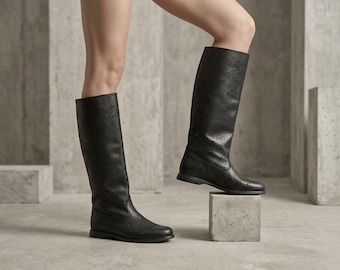 Void Pattern 01, Black Perforated Knee High Leather, Avant Garde Cutout Designer Footwear