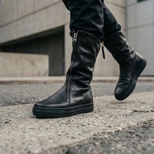 Zwart leren halfhoge laarzen, schoenen met rits aan de voorkant dames, minimalistisch handgemaakt, designerschoenen afbeelding 8
