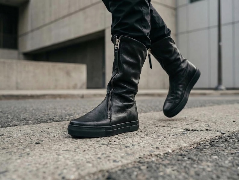 Zwart leren halfhoge laarzen, schoenen met rits aan de voorkant dames, minimalistisch handgemaakt, designerschoenen afbeelding 8