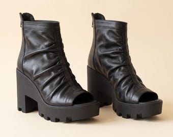 Black Leather Open Toe Ankle Boots with Chunky Platform