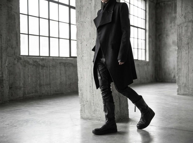 Zwart leren halfhoge laarzen, schoenen met rits aan de voorkant dames, minimalistisch handgemaakt, designerschoenen afbeelding 10