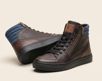 Men's Brown Leather High Top Sneakers, Handmade Zipper Boots, Urban Casual Shoes